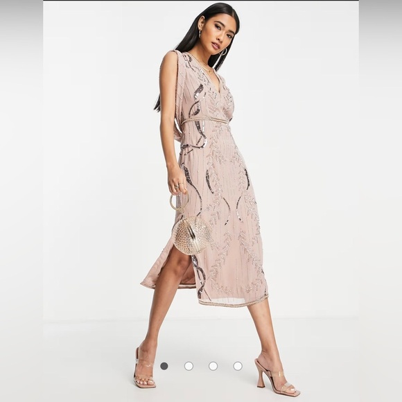 ASOS DESIGN drape back embellished midi dress sz US 4 Nude Pink Sequins Wedding - Picture 11 of 12